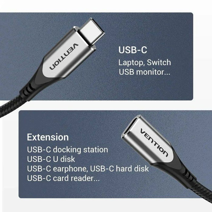 Vention Cable alargador USB 3.1 Tipo-C macho a hembra, 1m, gris