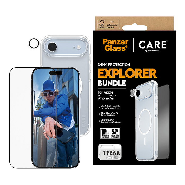 PanzerGlass CARE BY 3-IN-1 FLAGSHIP EXPLORE - Protector de pantalla de vidrio templado para Apple iPhone Air, Resistente a rayones y golpes, Aplicación en seco y sin burbujas