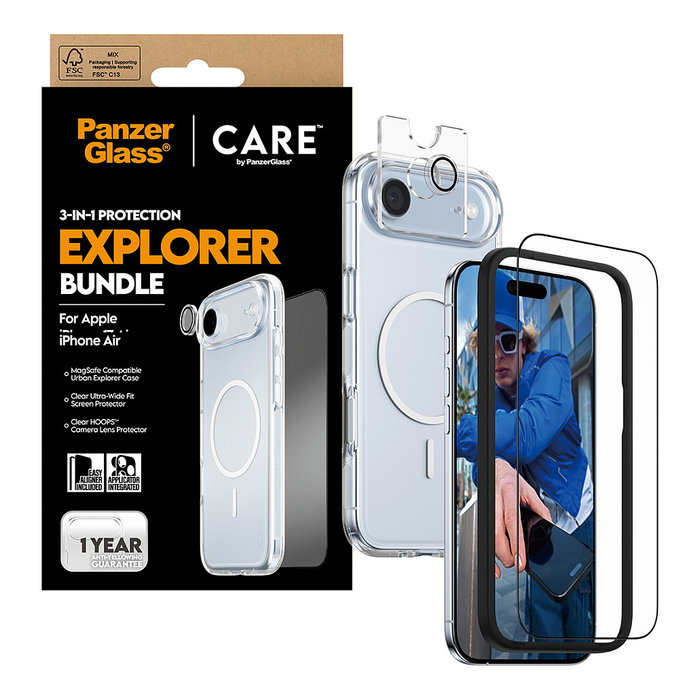 PanzerGlass CARE BY 3-IN-1 FLAGSHIP EXPLORE - Protector de pantalla de vidrio templado para Apple iPhone Air, Resistente a rayones y golpes, Aplicación en seco y sin burbujas