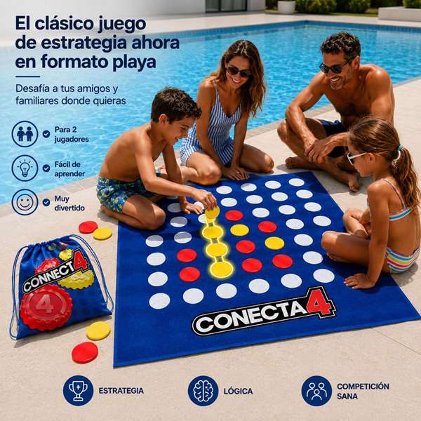 JugaToys Toalla Juego Conecta 4 con Fichas Impermeables y Mochila, 100x100cm