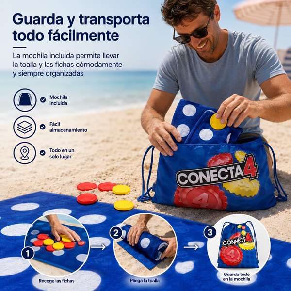 JugaToys Toalla Juego Conecta 4 con Fichas Impermeables y Mochila, 100x100cm