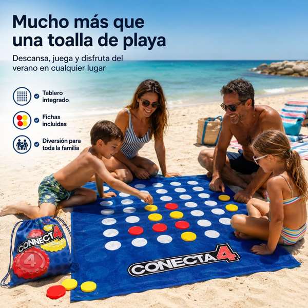 JugaToys Toalla Juego Conecta 4 con Fichas Impermeables y Mochila, 100x100cm