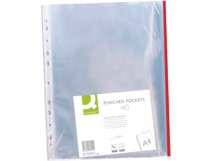 Q-connect Funda Multitaladro Cristal DIN A4 70 mc con Borde Rojo - Bolsa 10 Unidades