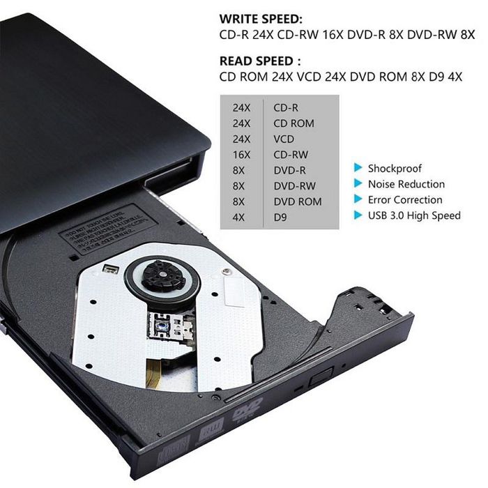 CoreParts Unidad Externa DVD RW para DVD+R y DVD-R con interfaz SATA y USB 3.0, Cable único para alimentación y datos, Color Negro