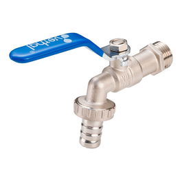 Verhal Grifo esfera racor manguera 1/2" x 3/4", cuerpo latón niquelado, presión nominal 16 bar, cierre 1/4 de vuelta, maneta acero cromado