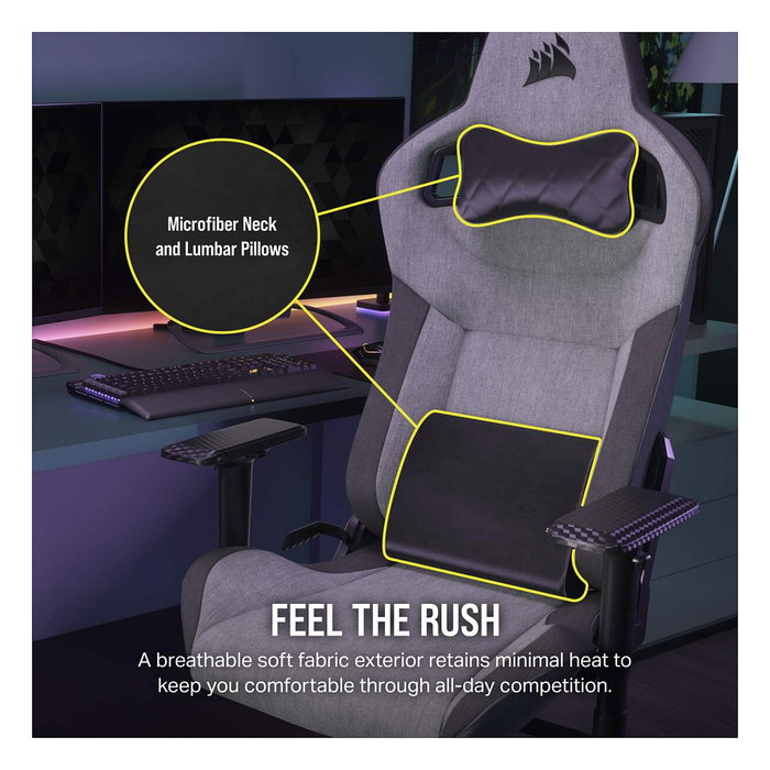 Corsair T3 Rush Silla Gaming (2023) - Tela Gris/Antracita, Respaldo Acolchado, 4D, 120 kg, Racing