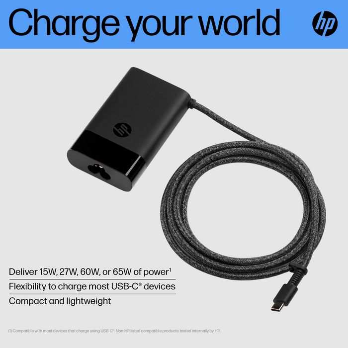 HP Cargador para Portátil USB-C 65W, Compacto y Universal para Laptop, Tableta y Teléfono, Carga Inteligente