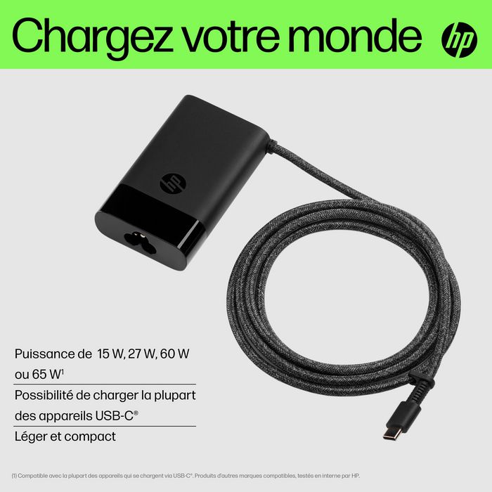 HP Cargador para Portátil USB-C 65W, Compacto y Universal para Laptop, Tableta y Teléfono, Carga Inteligente