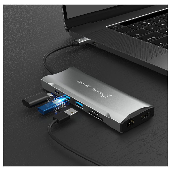 J5create JCD397-N Miniestación de acoplamiento USB-C 4K60 Elite para 3 Monitores, USB 3.2 Gen 1, 10 Gbps, 100W PD, HDMI 2.0, DP 1.4a, Ethernet Gigabit, Aluminio Gris