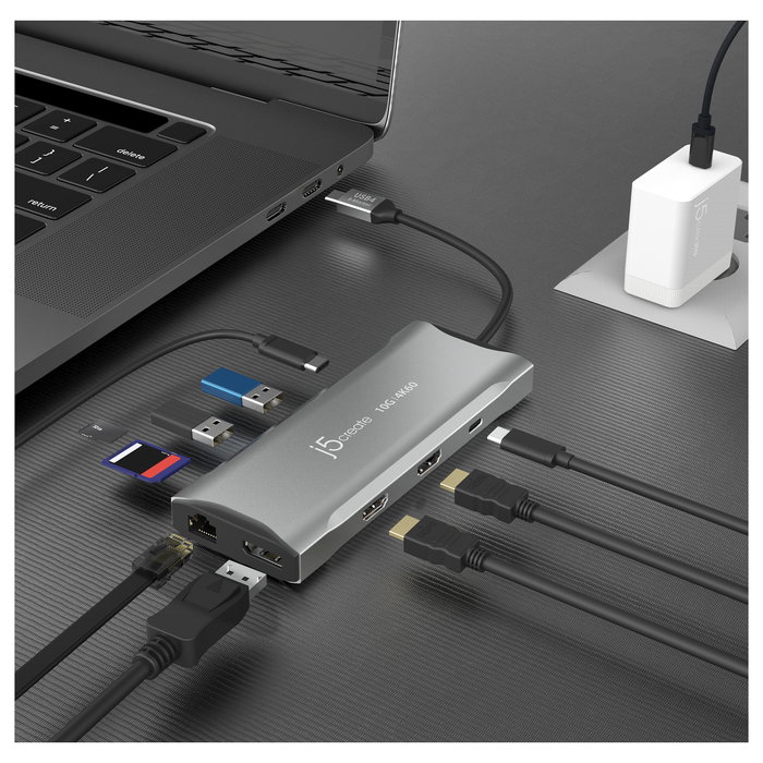 J5create JCD397-N Miniestación de acoplamiento USB-C 4K60 Elite para 3 Monitores, USB 3.2 Gen 1, 10 Gbps, 100W PD, HDMI 2.0, DP 1.4a, Ethernet Gigabit, Aluminio Gris