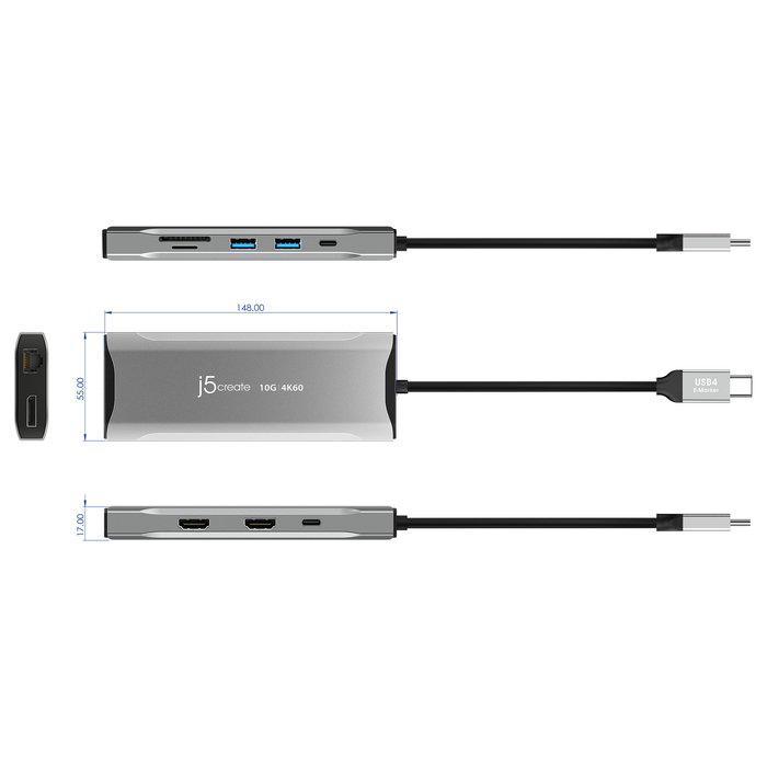 J5create JCD397-N Miniestación de acoplamiento USB-C 4K60 Elite para 3 Monitores, USB 3.2 Gen 1, 10 Gbps, 100W PD, HDMI 2.0, DP 1.4a, Ethernet Gigabit, Aluminio Gris
