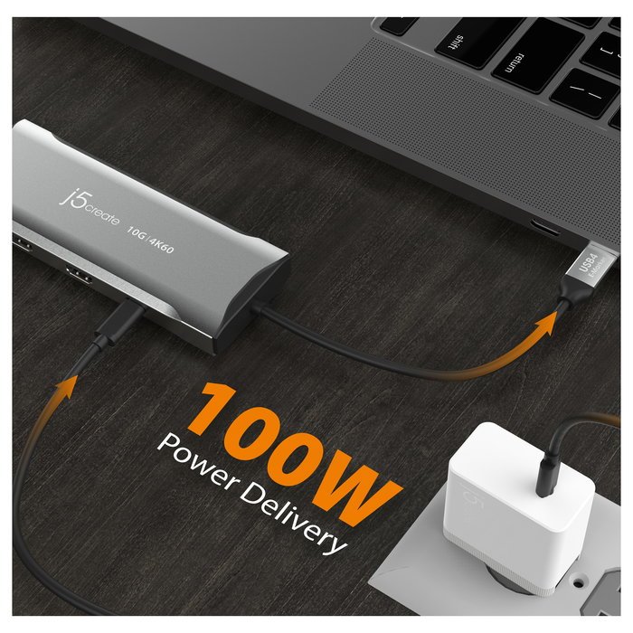 J5create JCD397-N Miniestación de acoplamiento USB-C 4K60 Elite para 3 Monitores, USB 3.2 Gen 1, 10 Gbps, 100W PD, HDMI 2.0, DP 1.4a, Ethernet Gigabit, Aluminio Gris