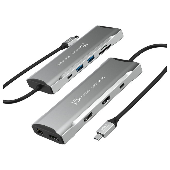 J5create JCD397-N Miniestación de acoplamiento USB-C 4K60 Elite para 3 Monitores, USB 3.2 Gen 1, 10 Gbps, 100W PD, HDMI 2.0, DP 1.4a, Ethernet Gigabit, Aluminio Gris
