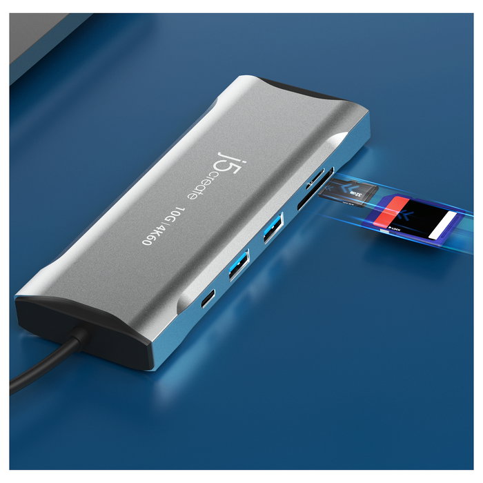 J5create JCD397-N Miniestación de acoplamiento USB-C 4K60 Elite para 3 Monitores, USB 3.2 Gen 1, 10 Gbps, 100W PD, HDMI 2.0, DP 1.4a, Ethernet Gigabit, Aluminio Gris