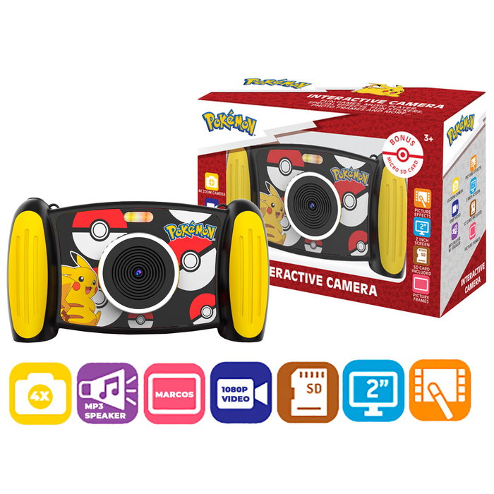 KIDS LICENSING Cámara Interactiva Pokémon - Saca Fotos y Vídeos, Zoom x4, 5MP, Vídeo 1080p, Filtros Divertidos, Reproductor MP3, Tarjeta SD Incluida, Edad +3 Años