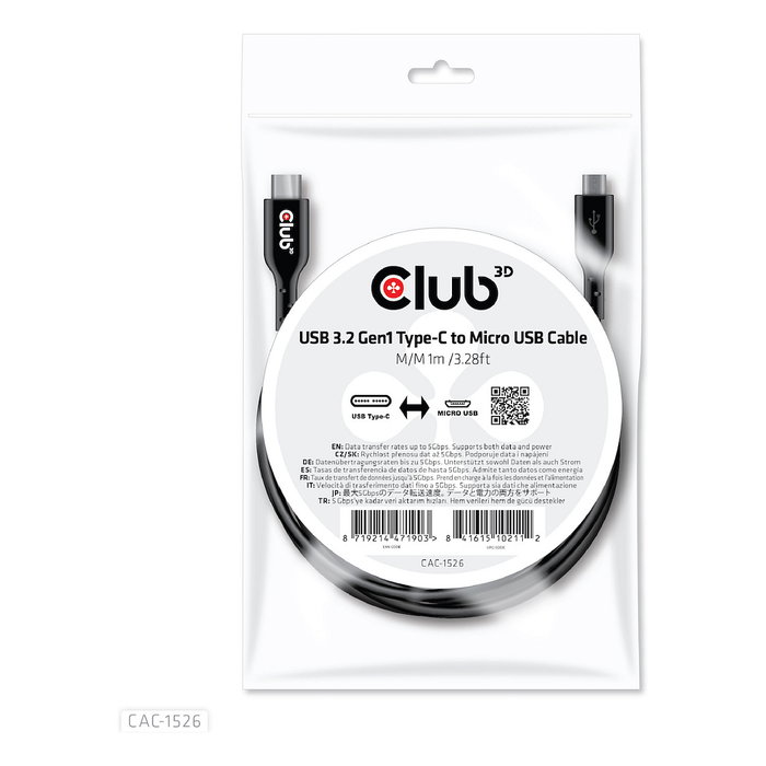 Club3D Cable USB 3.2 Gen 1 Tipo C a Micro USB CAC-1526 1m Negro Club3D Cable USB 3.2 Gen 1 Tipo C a Micro USB CAC-1526 1m Negro