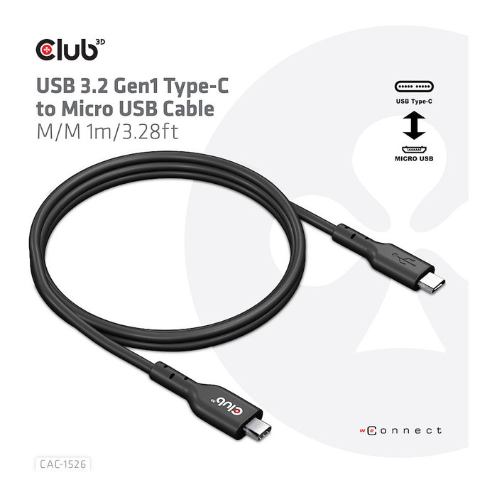 Club3D Cable USB 3.2 Gen 1 Tipo C a Micro USB CAC-1526 1m Negro Club3D Cable USB 3.2 Gen 1 Tipo C a Micro USB CAC-1526 1m Negro