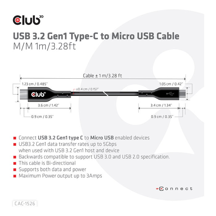 Club3D Cable USB 3.2 Gen 1 Tipo C a Micro USB CAC-1526 1m Negro Club3D Cable USB 3.2 Gen 1 Tipo C a Micro USB CAC-1526 1m Negro