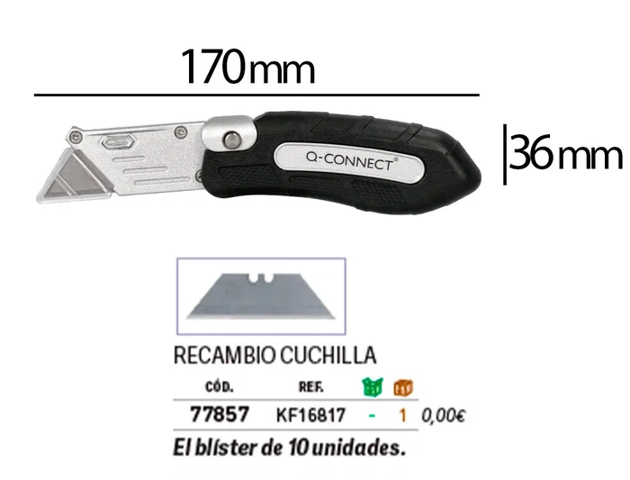 Q-connect XD-925 Cuter Metálico Ancho Plegable con Mango Antideslizante Cuchilla 19 mm Blister 1 Unidad