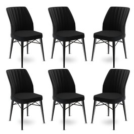 Hanah Home Juego de 6 Sillas Flex Negro, Marco Metal, Tela Babyface, Patas Madera, Comedor Elegante