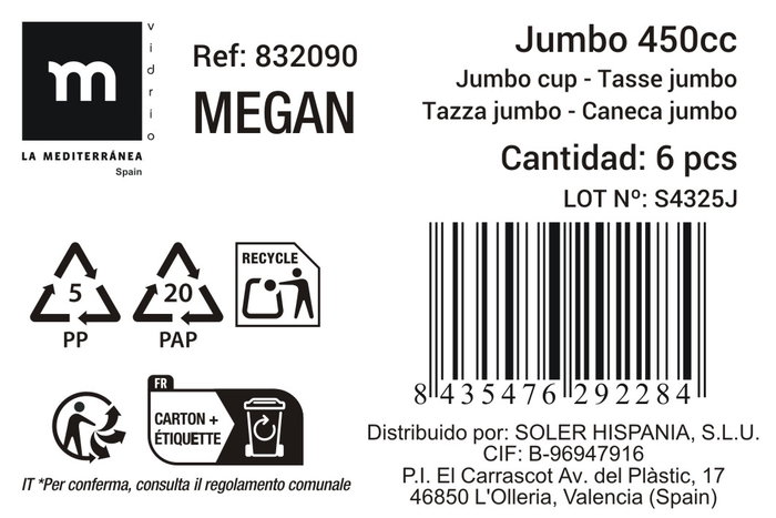 La Mediterranea Taza Jumbo 450ml Colección Megan (36 Unidades) Diseños Surtidos