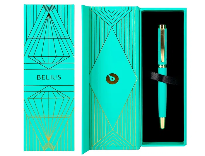 Belius Pluma Soirée Art Deco Turquesa y Dorado Tinta Azul Caja de Diseño