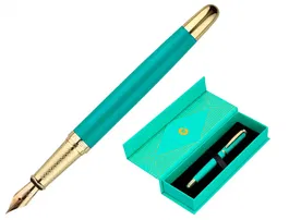 Belius Pluma Soirée Art Deco Turquesa y Dorado Tinta Azul Caja de Diseño