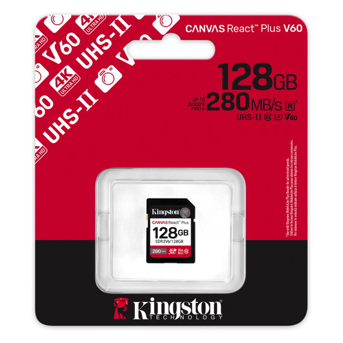 Kingston Canvas React Plus SDXC 128GB UHS-II U3 V60 280MB/s Lectura 100MB/s Escritura