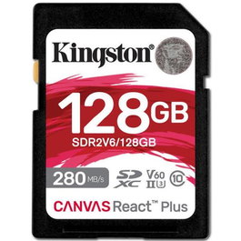Kingston Tarjeta de Memoria SDXC Canvas React Plus 128GB, UHS-II, Clase 10, V60, U3, Velocidad Lectura 280MB/s, Escritura 100MB/s, para Cámaras Profesionales 4K