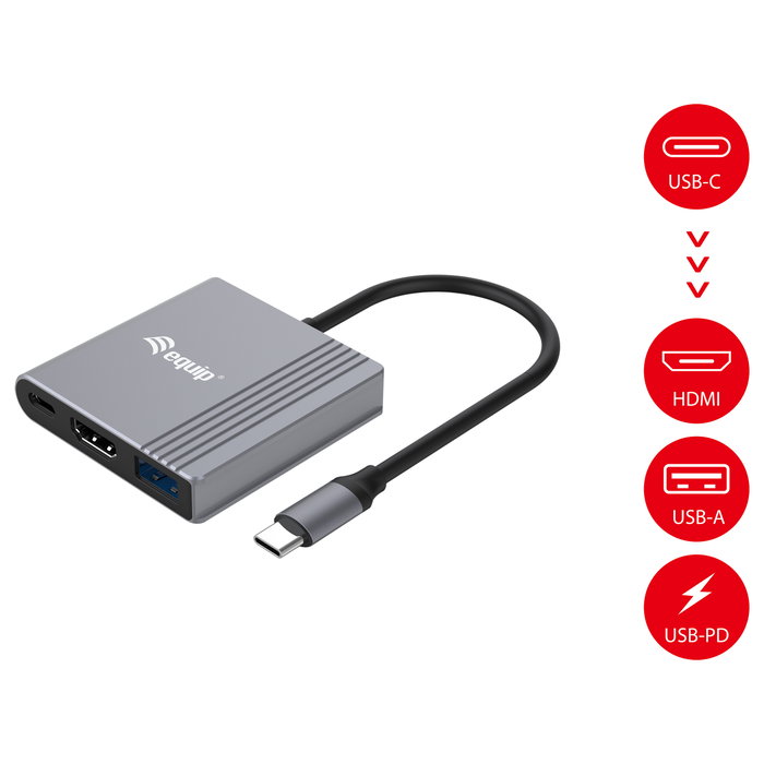 Equip Adaptador 3 en 1 USB-C HDMI 4K/60Hz USB-A USB-C PD 100W Gris Equip Adaptador 3 en 1 USB-C HDMI 4K/60Hz USB-A USB-C PD 100W Gris