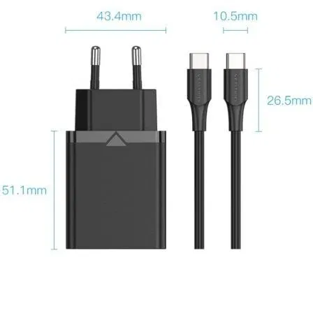 Vention FAHBF-EU Cargador de Pared USB-C 25W con 1 Puerto y Cable USB Tipo-C, Carga Rápida PD 3.0 Vention FAHBF-EU Cargador de Pared USB-C 25W con 1 Puerto y Cable USB Tipo-C, Carga Rápida PD 3.0