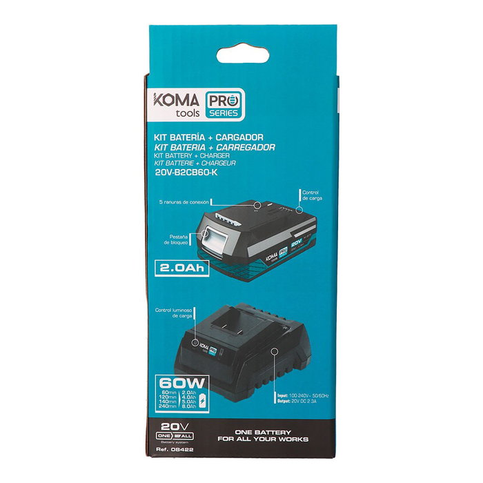 Koma Tools Pack Batería Li-ion 20V 2.0Ah (08770) y Cargador 20V 60W (08772) - Compatible Toda la Gama