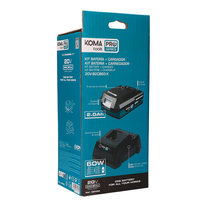 Koma Tools Pack Batería Li-ion 20V 2.0Ah (08770) y Cargador 20V 60W (08772) - Compatible Toda la Gama