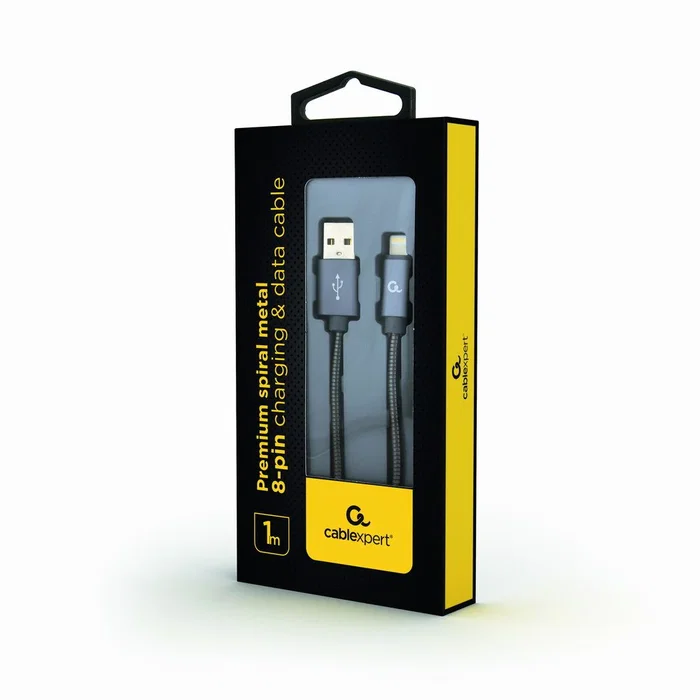 Cablexpert CC-USB2S-descripcion-1M-BG Cable de Datos y Carga Lightning a USB A 8m, Gris, Conectores Chapados en Oro, Trenzado de Algodón