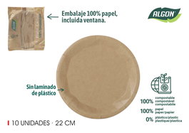 Algon Set 10 Platos Redondos Cartón Kraft 22 cm (24 Unidades)