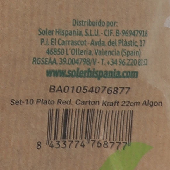 Algon Set 10 Platos Redondos Cartón Kraft 22 cm (24 Unidades)