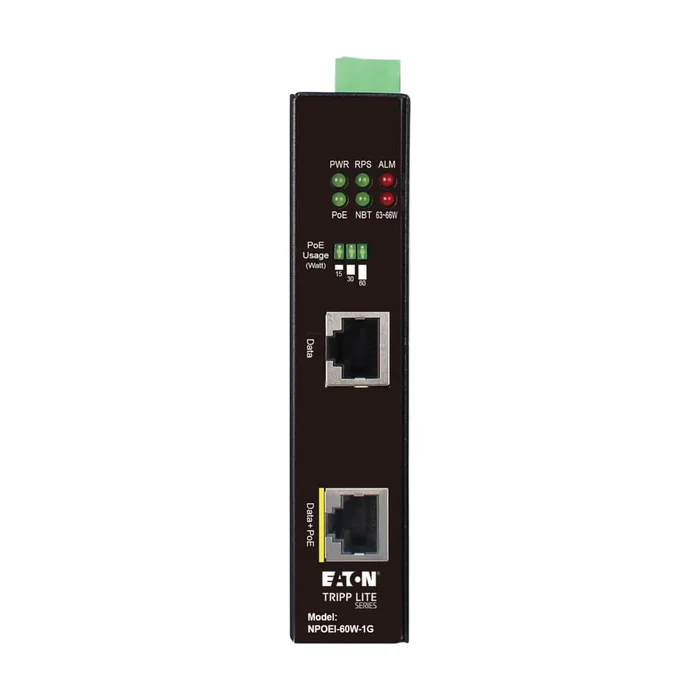 Eaton Tripp Lite NPOEI-60W-1G Adaptador e Inyector de PoE Gigabit Ethernet 1000 Mbit/s Negro IEEE 802.3af/at/bt, 24-57V, para Montaje en Pared/Rack