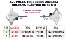 Polea para tendedero con roldana de plástico de 40mm y acabado en zinc HR05N