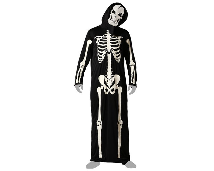 Disfraz Halloween Adulto Hombre Esqueleto Negro con Capucha - Túnica Poliéster Skeleton Costume para Carnaval, Teatro y Fiestas
