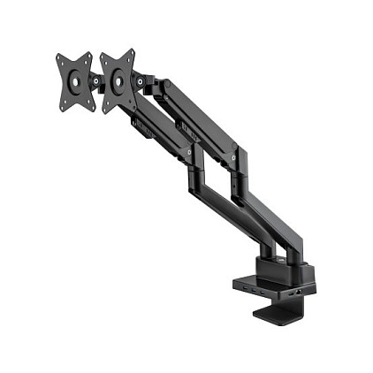 MANHATTAN Soporte Doble para 2 Monitores de 17"-32" con Dock 8-in-1 USB-C PD 100W, Gas, Aluminio, Negro - Compatible VESA 100x100