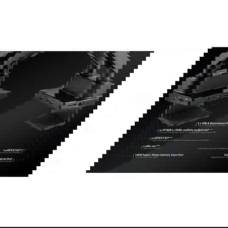 MANHATTAN Soporte Doble para 2 Monitores de 17"-32" con Dock 8-in-1 USB-C PD 100W, Gas, Aluminio, Negro - Compatible VESA 100x100