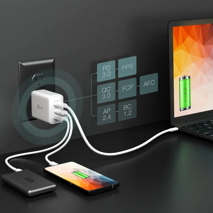 J5create Cargador USB-C GaN de 65W JUP3365E-EN con 3 puertos