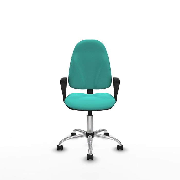 Silla de oficina Algarra con mecanismo Contacto permanente básico tapizada con Similpiel color Turquesa. Equipada con Base cromada, Brazos fijos y Ruedas autofrenantes