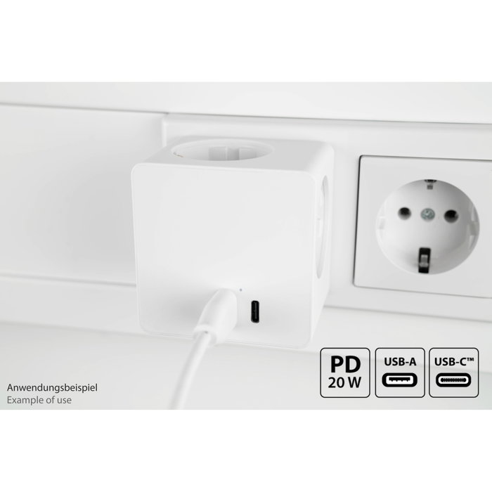 Kabelmeister Cubo de enchufes con 3 tomas de corriente, USB-C (20W, PD 3.0) y USB-A (18W), blanco
