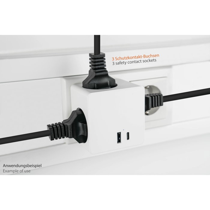 Kabelmeister Cubo de enchufes con 3 tomas de corriente, USB-C (20W, PD 3.0) y USB-A (18W), blanco