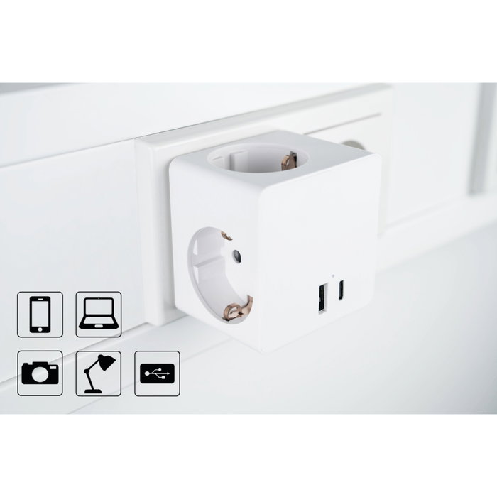 Kabelmeister Cubo de enchufes con 3 tomas de corriente, USB-C (20W, PD 3.0) y USB-A (18W), blanco