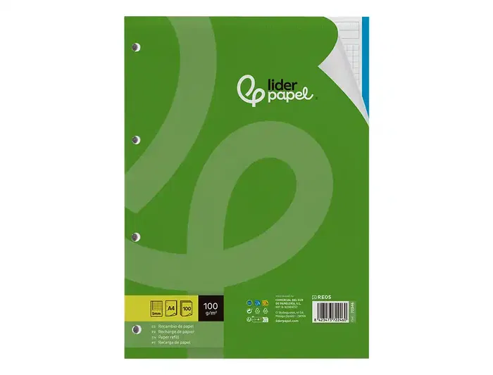 Liderpapel Recambio A4 100 Hojas 100gr Cuadro 5mm 4 Taladros Bandas 5 Colores