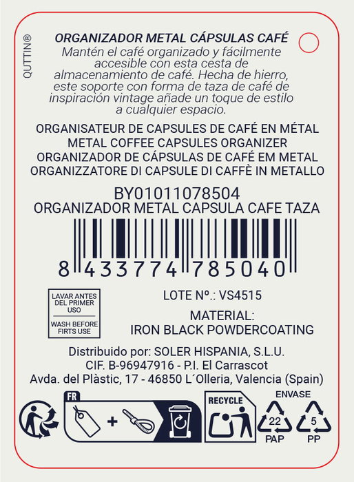 Quttin Organizador Metal para Cápsulas de Café y Tazas