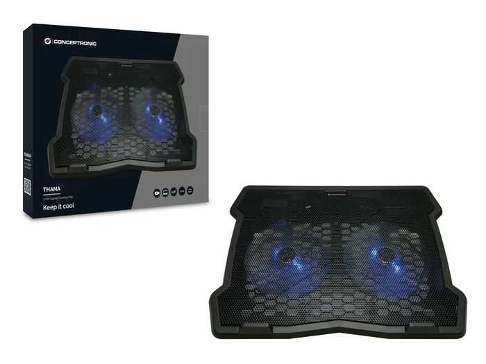 Conceptronic THANA06B Almohadilla de Refrigeración para Portátil con 2 Ventiladores USB 125mm, Luz LED Azul, Compatible hasta 15.6 Pulgadas