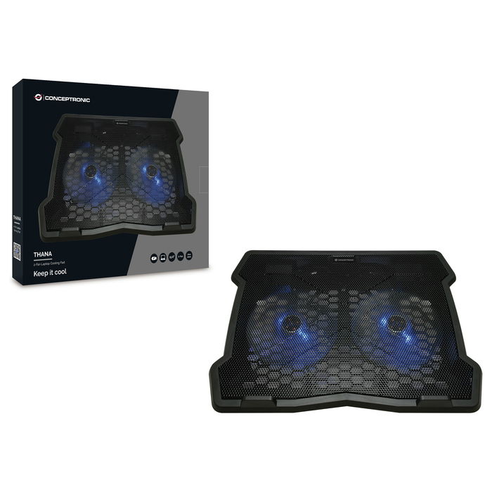Conceptronic THANA06B Base Refrigeradora para Portátil 15.6" con 2 Ventiladores de 12.5cm, USB, Negro y Azul